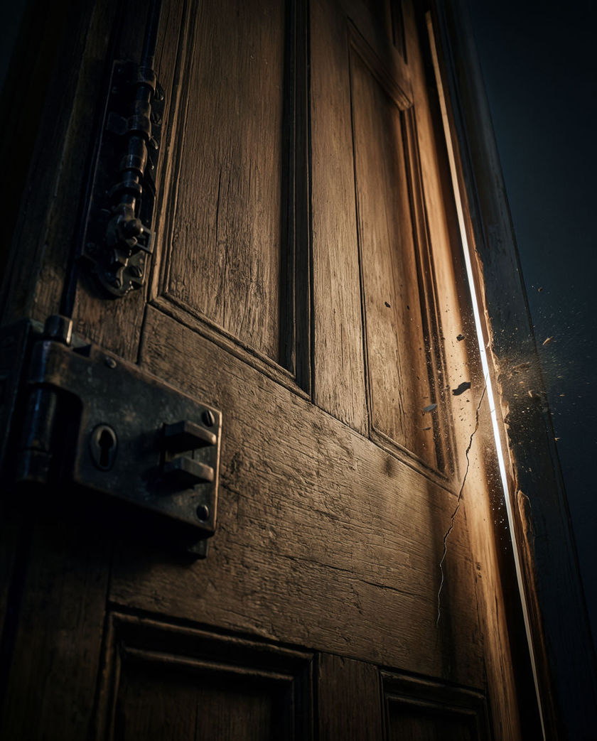 A heavy wooden door caught the instant it strikes its frame under a warm hard side light against a dark ground