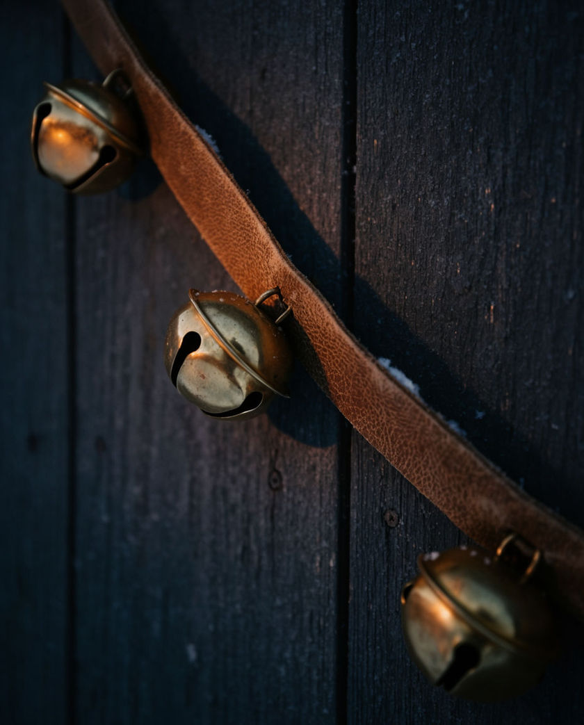 A strap of brass sleigh bells lit by one warm low light against a dark ground, caught mid-shake with the bells blurred