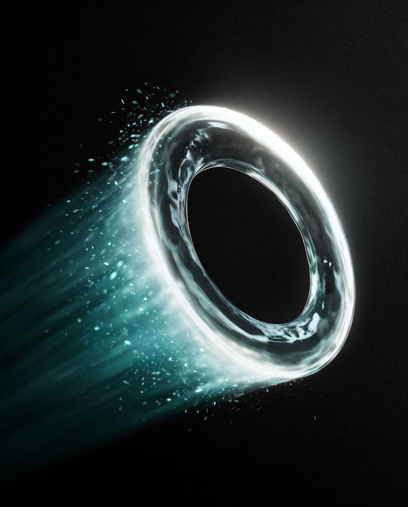 A single water droplet caught mid-fall under warm low light against a dark ground, its trailing splash frozen in the air