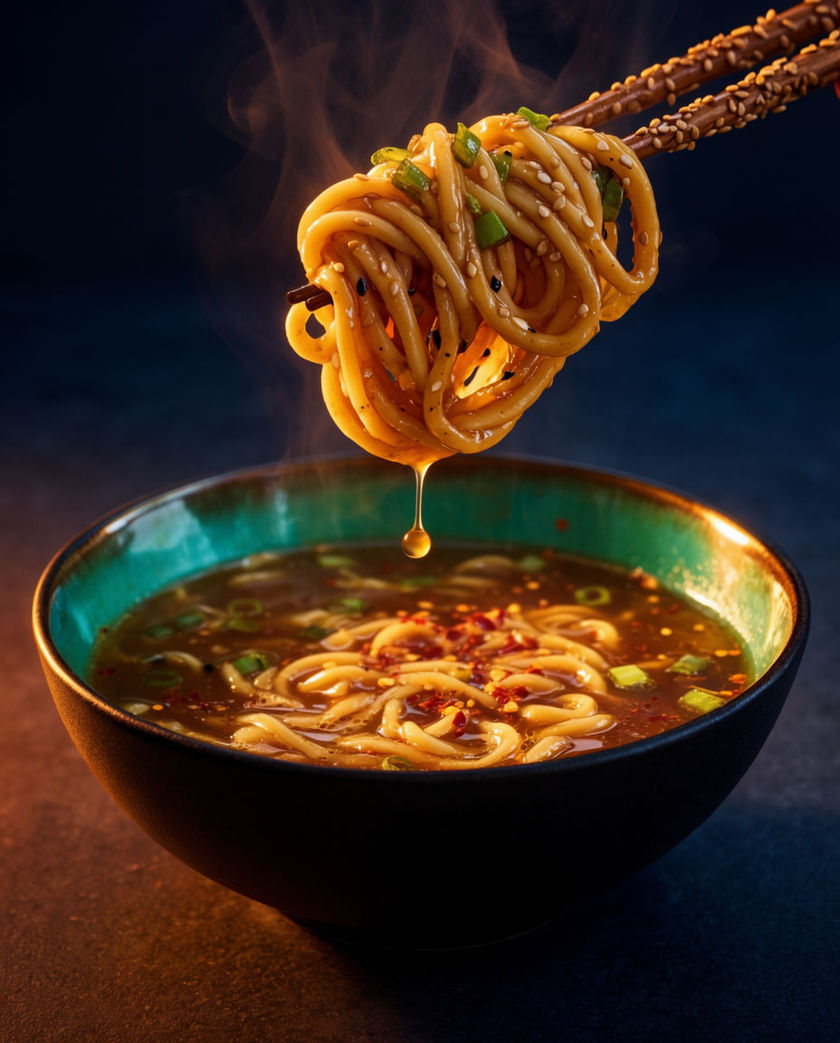 Chopsticks lifting noodles toward pursed lips under warm low light against a dark ground, a strand caught mid-slurp