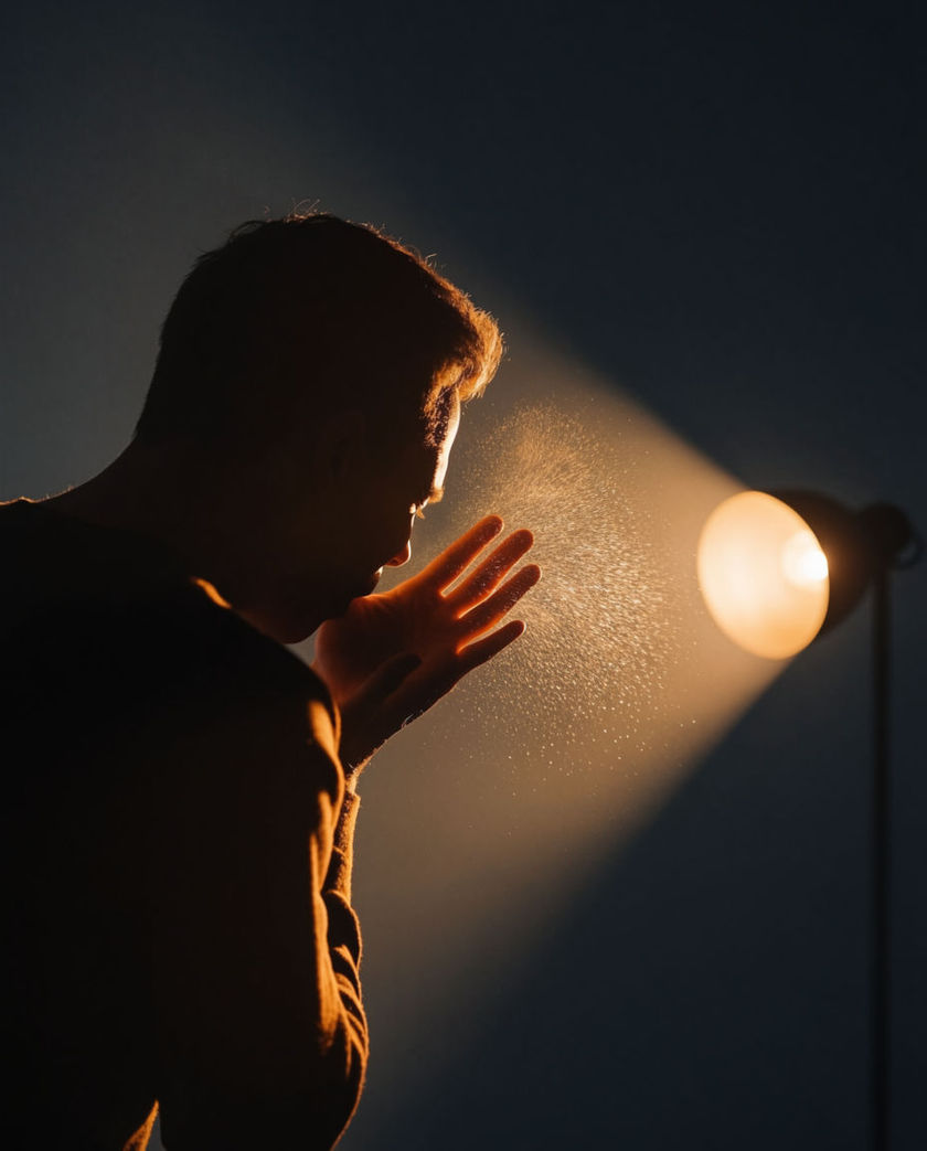 A person mid-sneeze under warm low light against a dark ground, head thrown forward and eyes screwed shut