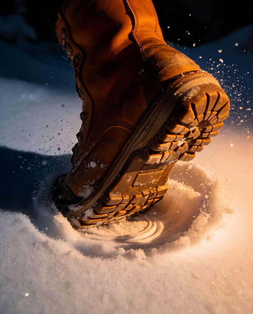 A heavy boot pressing into deep fresh snow under one warm low side light, packed snow squeezing up around the sole