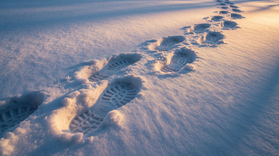 Footsteps arriving from off the path