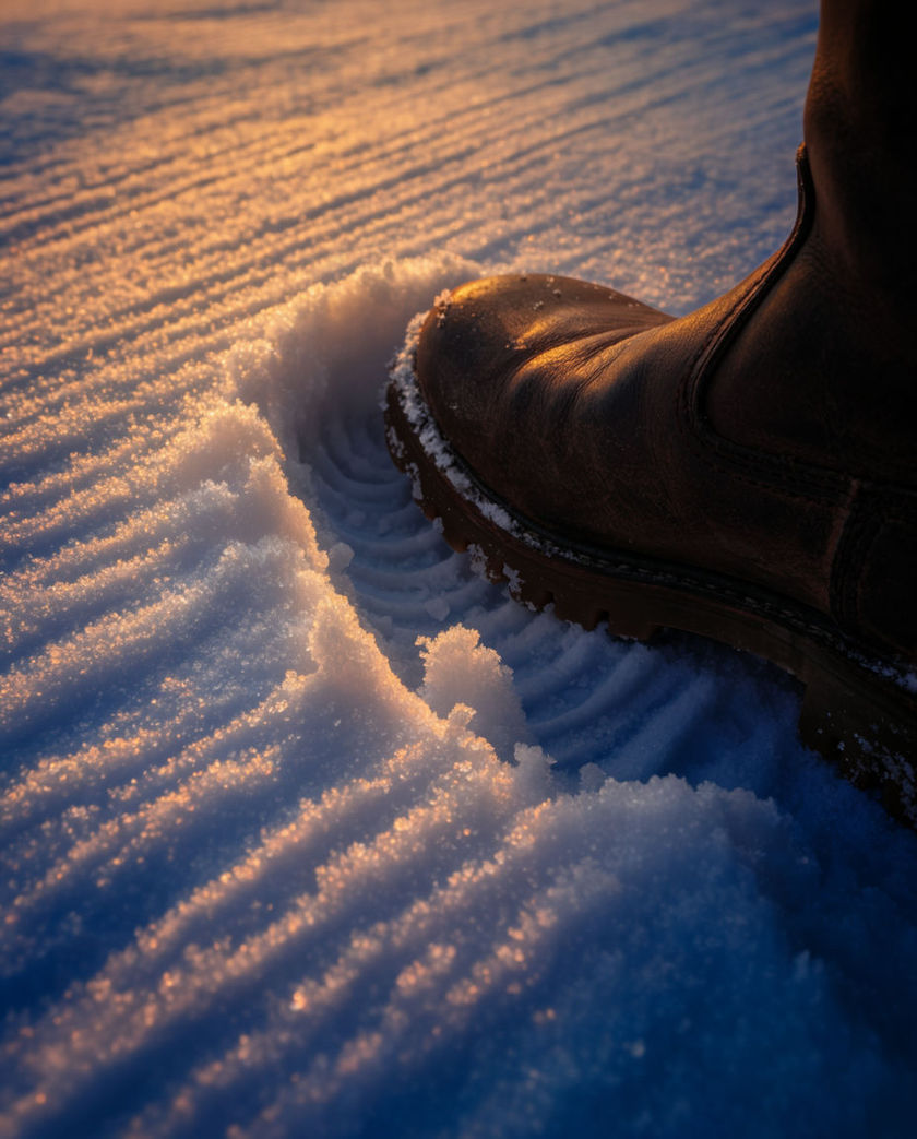 A boot pressing into deep fresh snow under one warm low light, powder compressing and lifting against a cool blue-shadowed ground