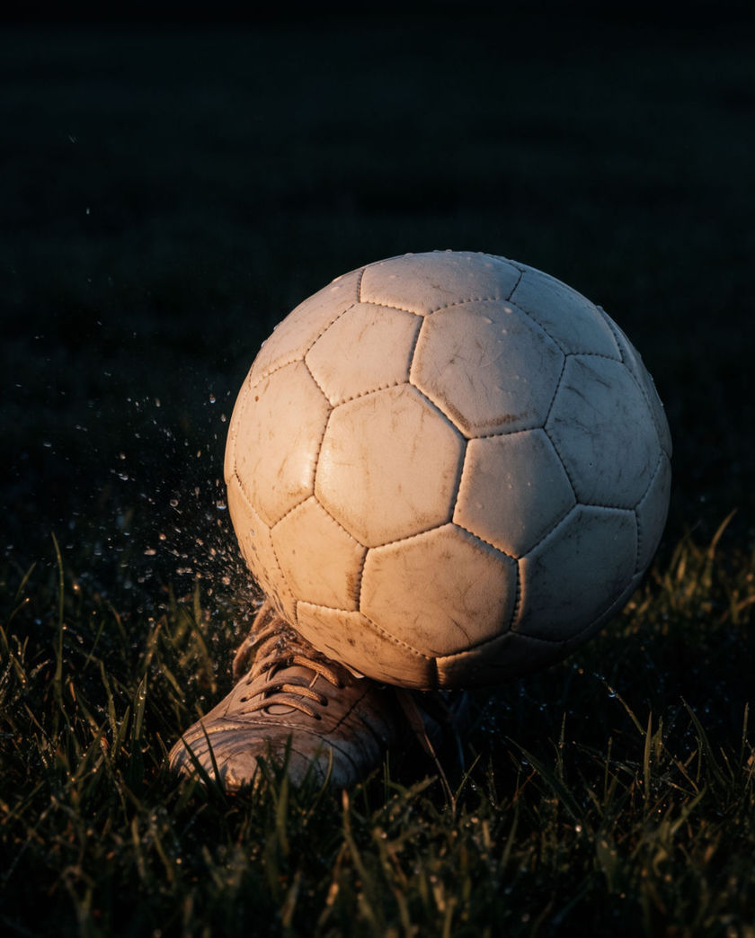 A soccer ball struck off a boot mid-flight under warm low light against a dark pitch, blades of grass kicking up at the point of contact