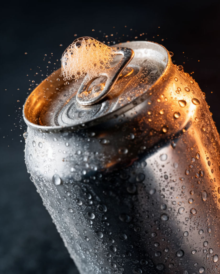 A soda can tab popping open under warm low light against a dark ground, a fine spray of fizz caught bursting from the opening