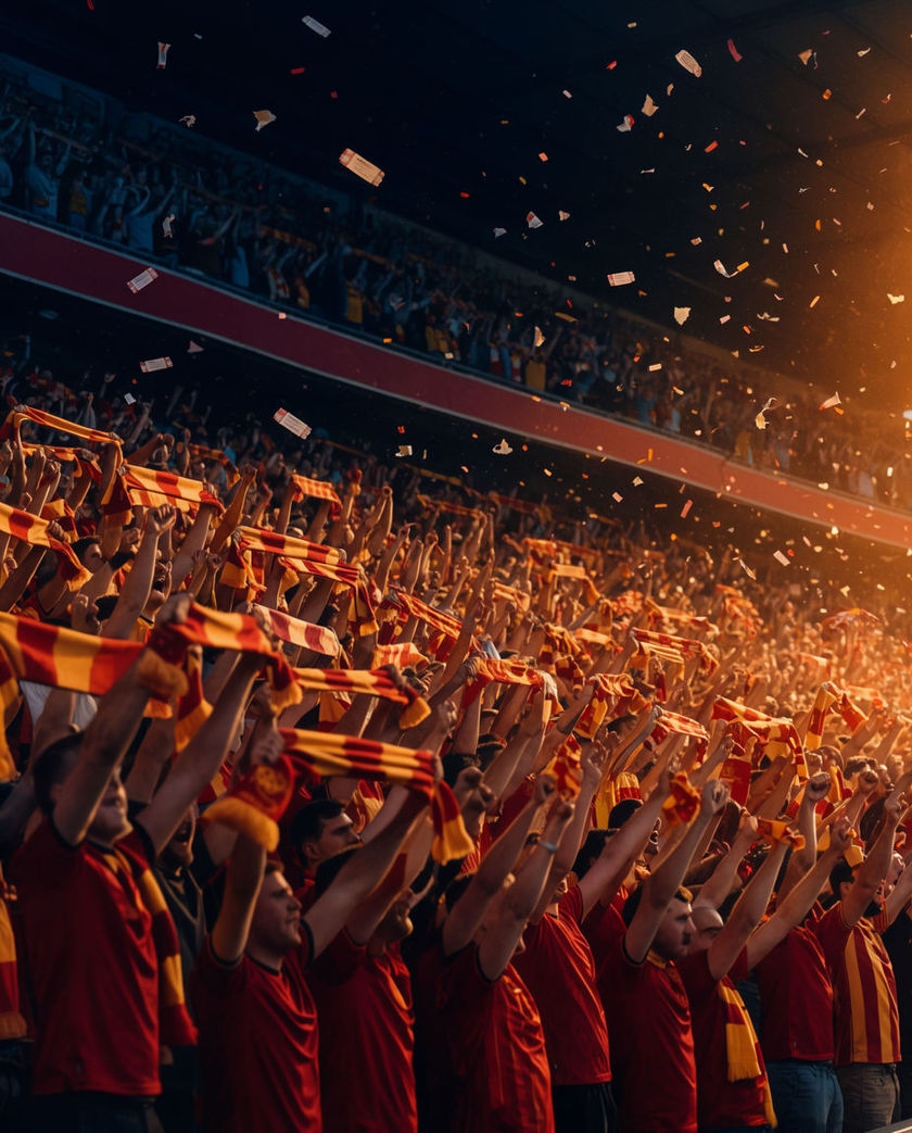 A packed stadium terrace lit warm from one side, hands raised mid-cheer, the crowd falling into cool shadow at the frame edge
