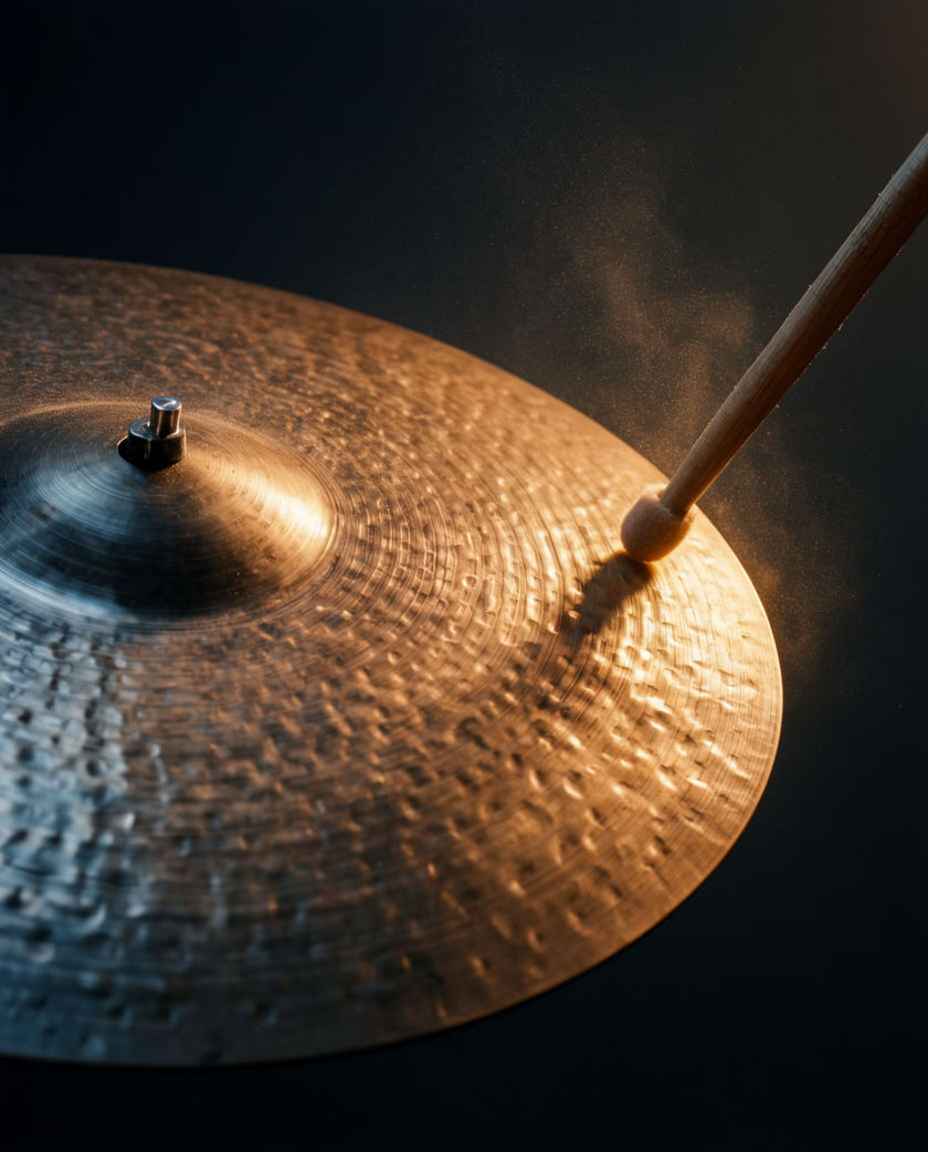 A cymbal struck by a mallet caught mid-strike under one warm side light against a dark ground, edge shimmering