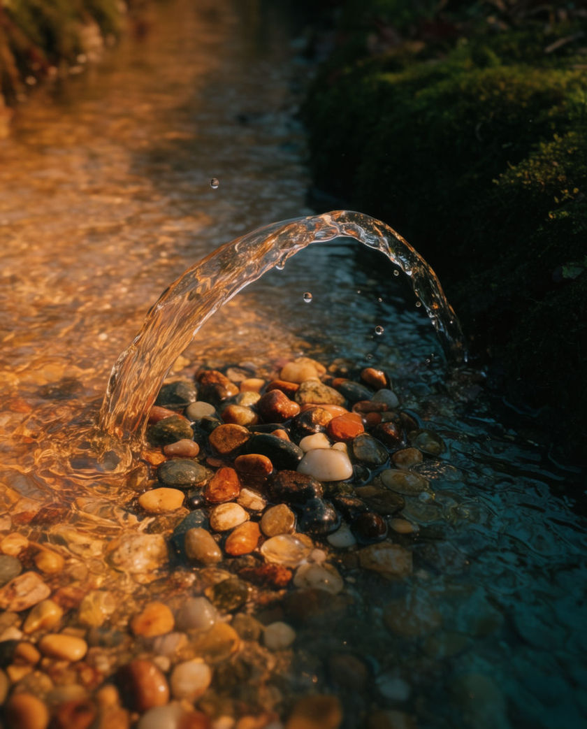 A thin ribbon of water threading between pebbles mid-trickle under warm low light against a dark bank, tiny highlights catching where it bubbles