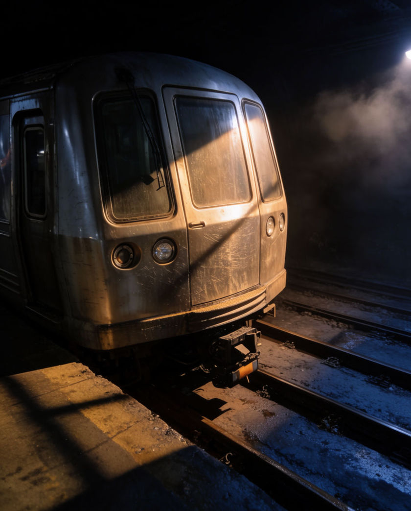The lit front car of a subway train close from a low off-axis angle under one warm light on a dark platform, motion blur streaking its side as it rushes past