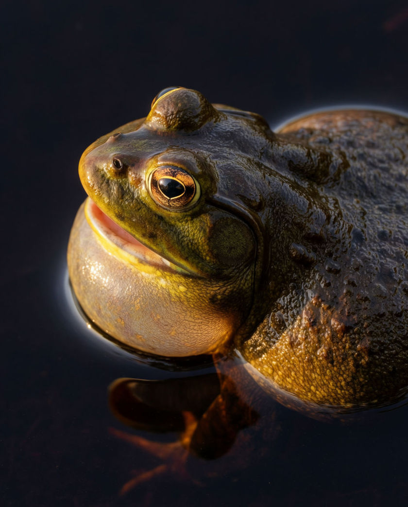 A frog half-submerged among dark reeds in warm low light, throat swelled mid-croak, its green form set against a murky cool ground
