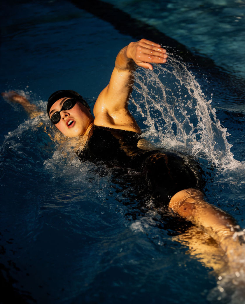 A swimmer mid-stroke seen from above, arm breaking the water and throwing spray under warm low light on a dark pool