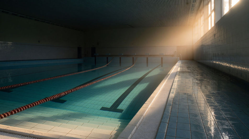 The echoing hum of an indoor pool at 6am