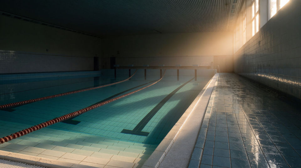 The echoing hum of an indoor pool at 6am