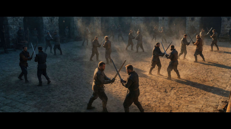 A training yard full of sparring pairs