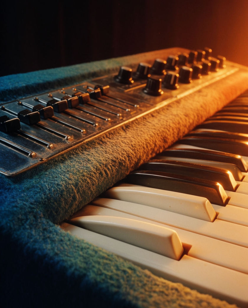 A close angled view of an analog synthesizer's knobs and keys under warm low light against a dark ground, a hand turning one knob mid-tweak with an indicator glowing