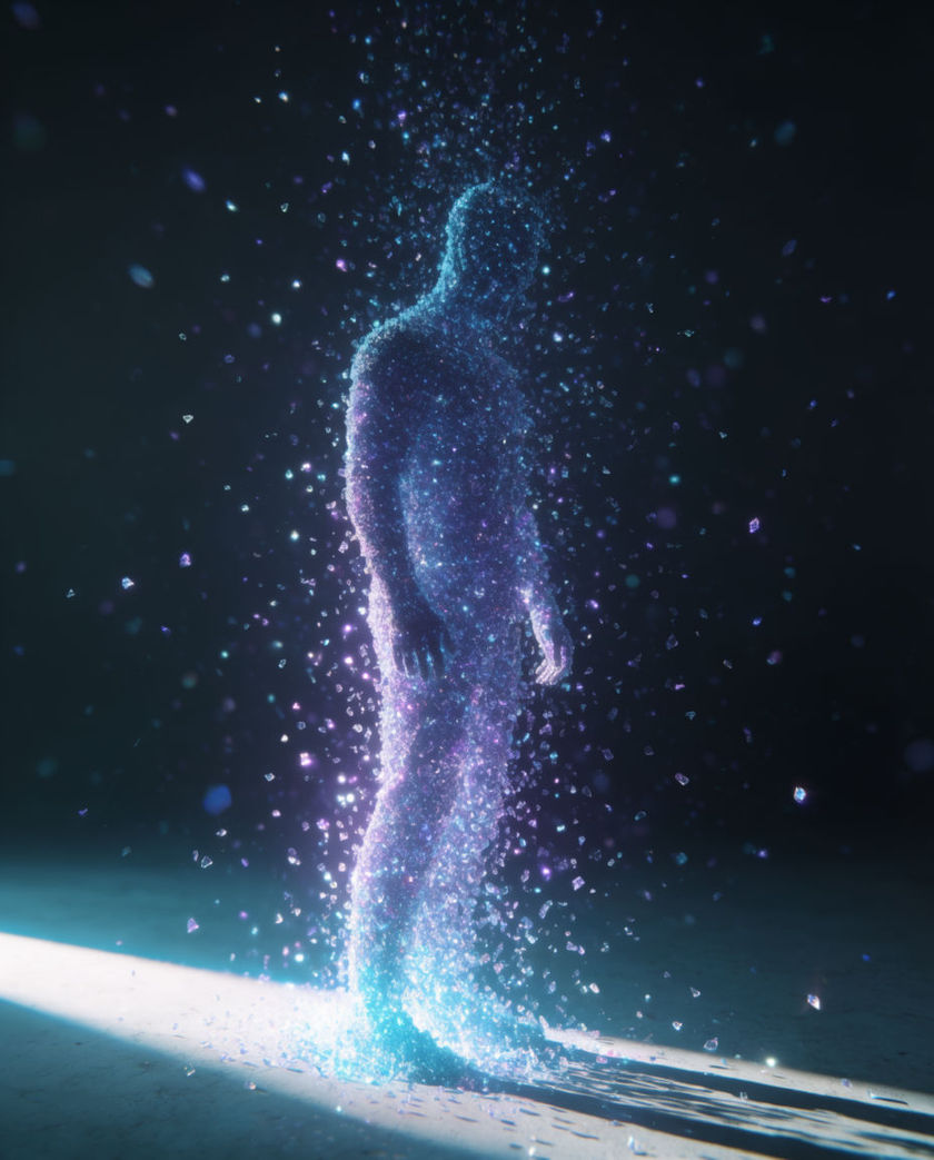 A human silhouette dissolving into streaks of warm light at a low angle, glowing figure breaking apart against a dark ground
