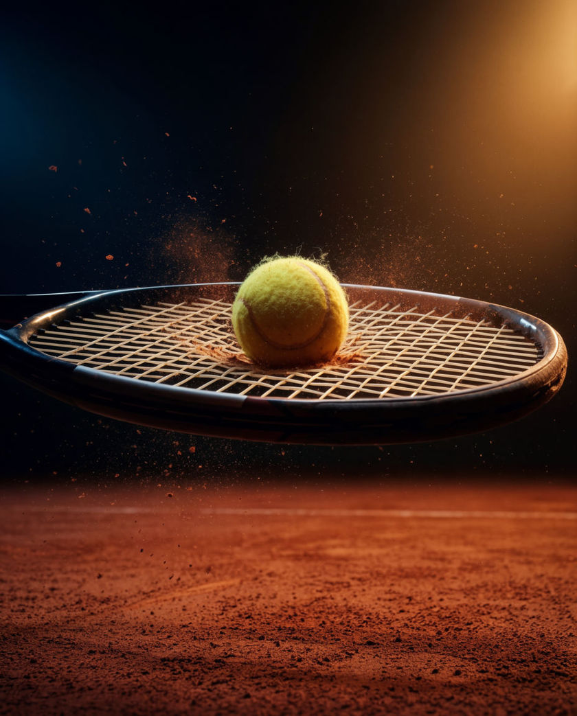 A tennis ball flattening against taut racket strings at contact under warm low light against a dark court, fibres flaring off the felt
