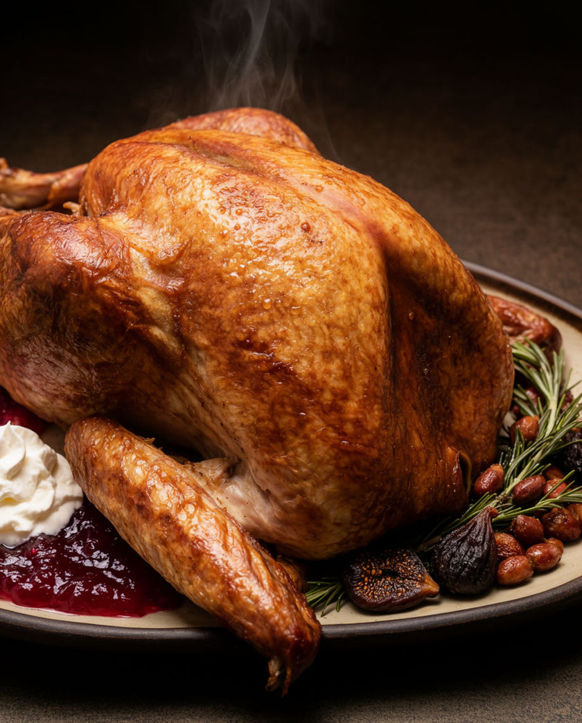 A roast turkey on a platter with a carving knife under one warm low light against a dark ground, steam rising from the bird