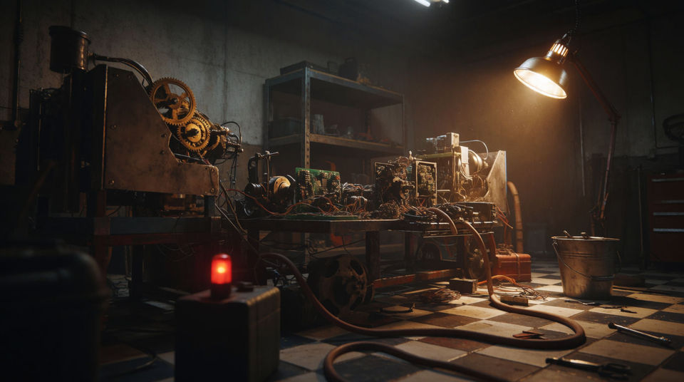 A garage workshop full of half-finished equipment