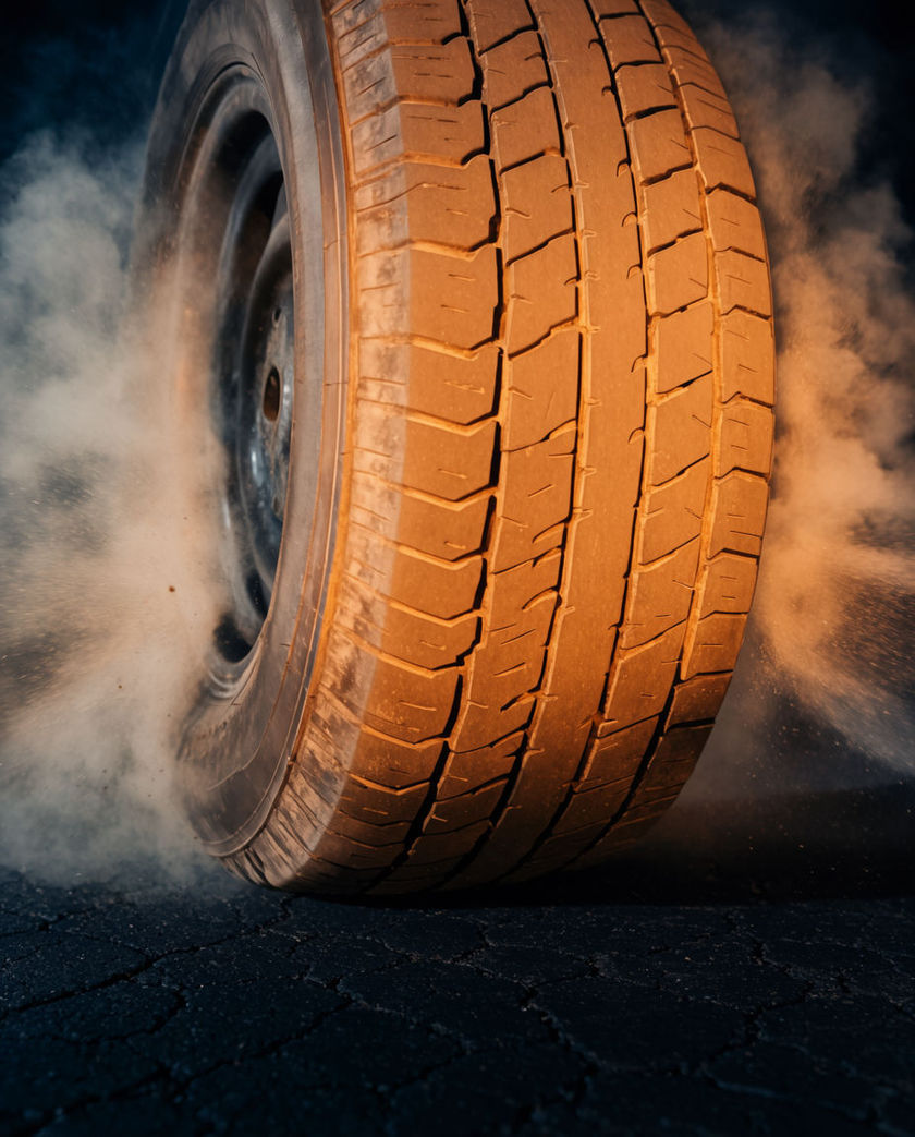A car tire close and low against dark asphalt under one warm light, a curl of white smoke rising off the rubber as it skids