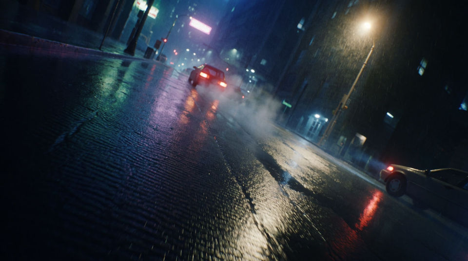 A wet city block at two in the morning