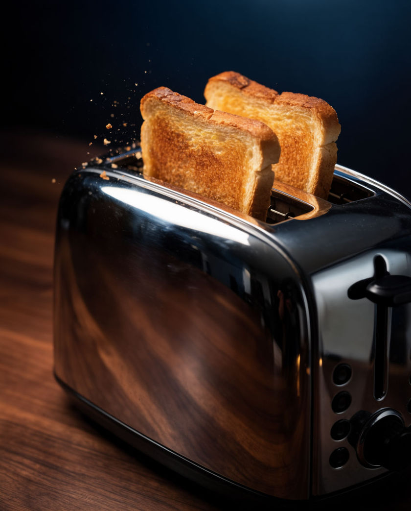 A chrome toaster with toast mid-launch cropped by the frame, catching one warm side light on a dark cool ground