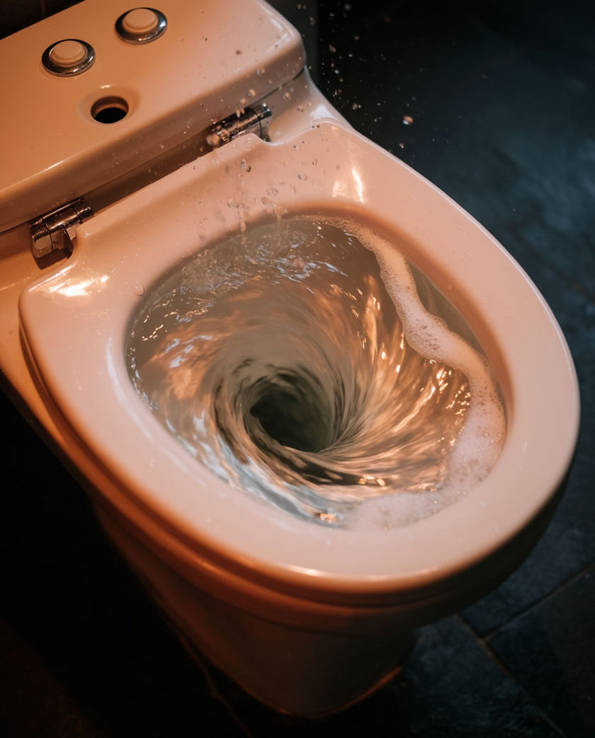 Water swirling down a white toilet bowl caught mid-flush under warm low side light against a dark ground