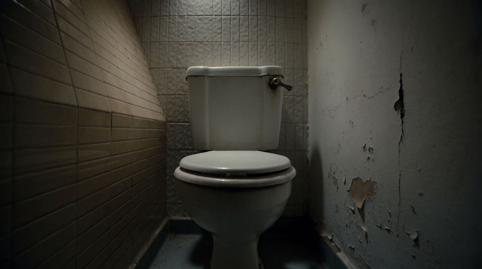 A cramped apartment bathroom at night