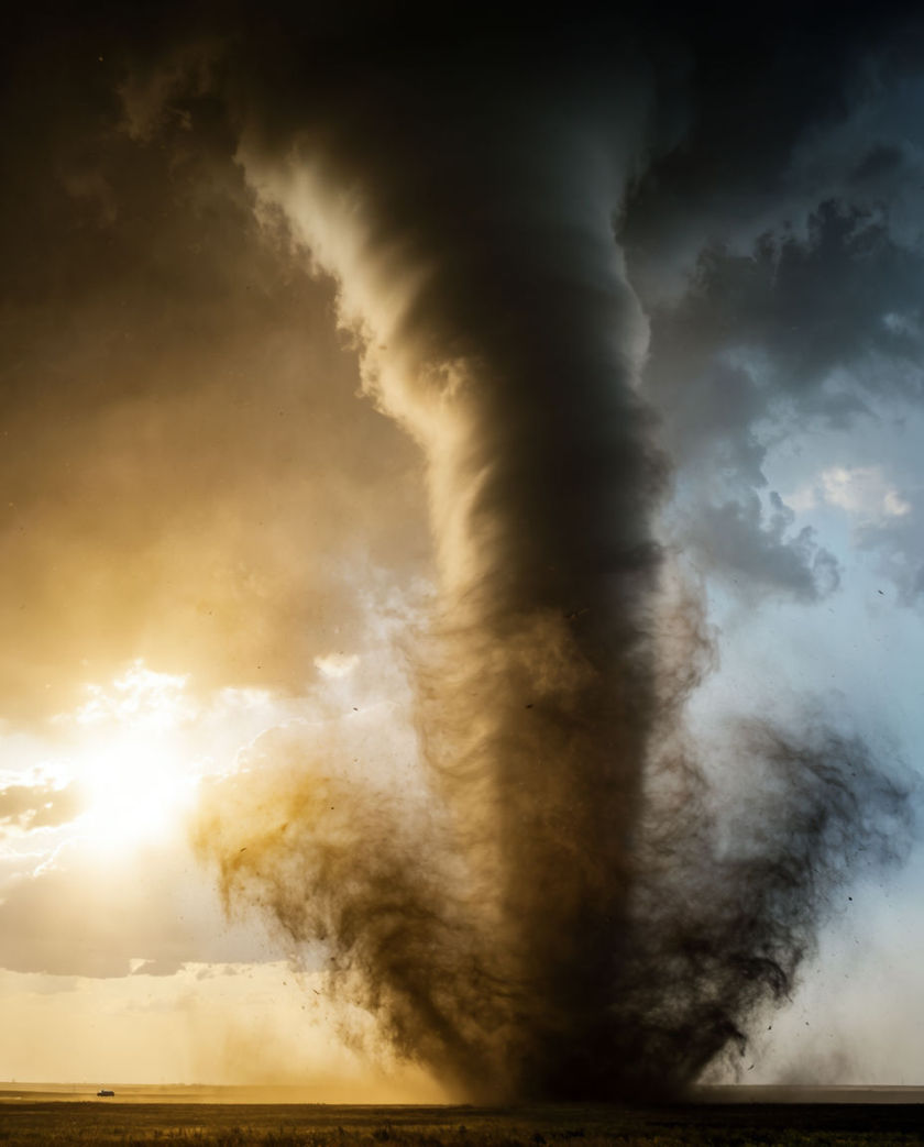 A dark churning funnel cloud lit warm along one edge by low light, debris streaking around its base against a cold bruised-dark sky