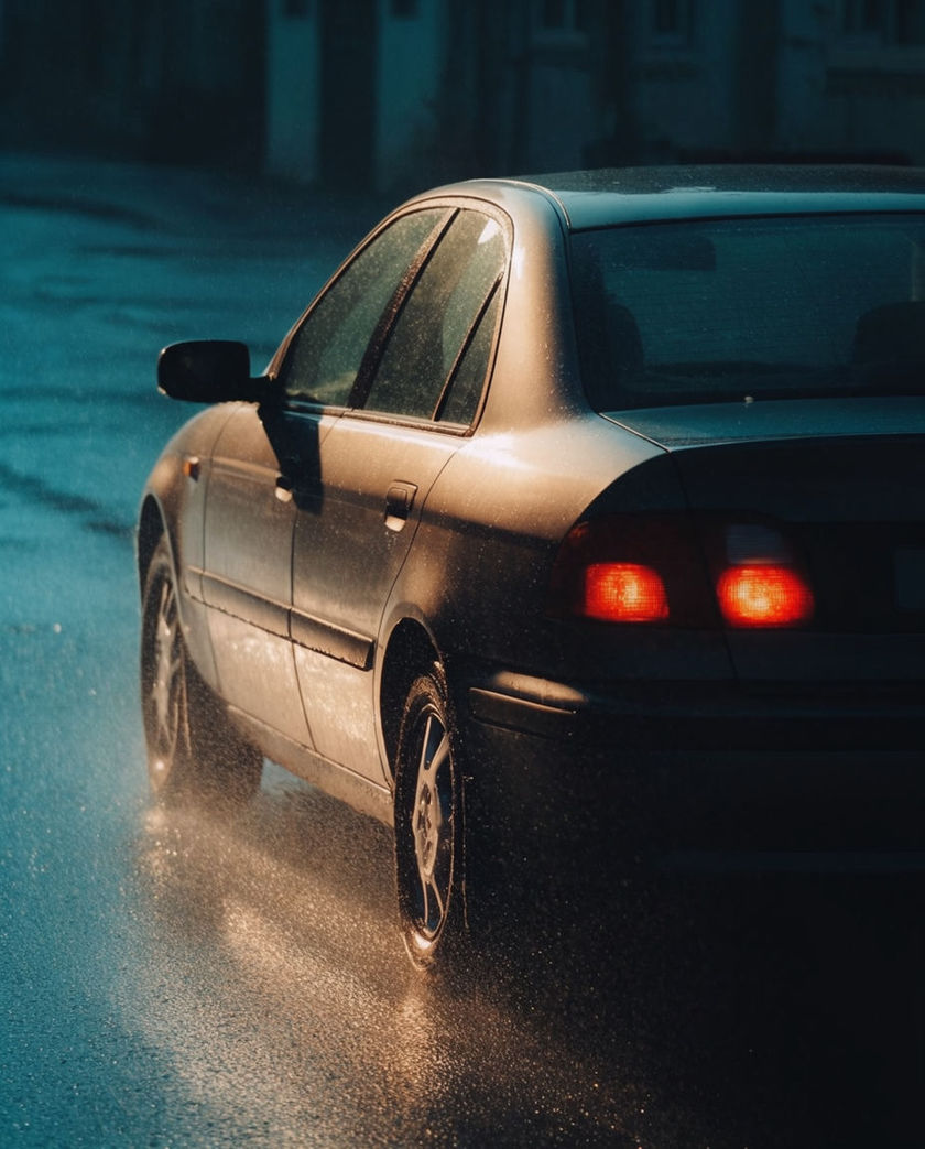 Streaked warm headlights and tail lights of moving cars against a dark road, one vehicle sharp in the foreground mid-pass