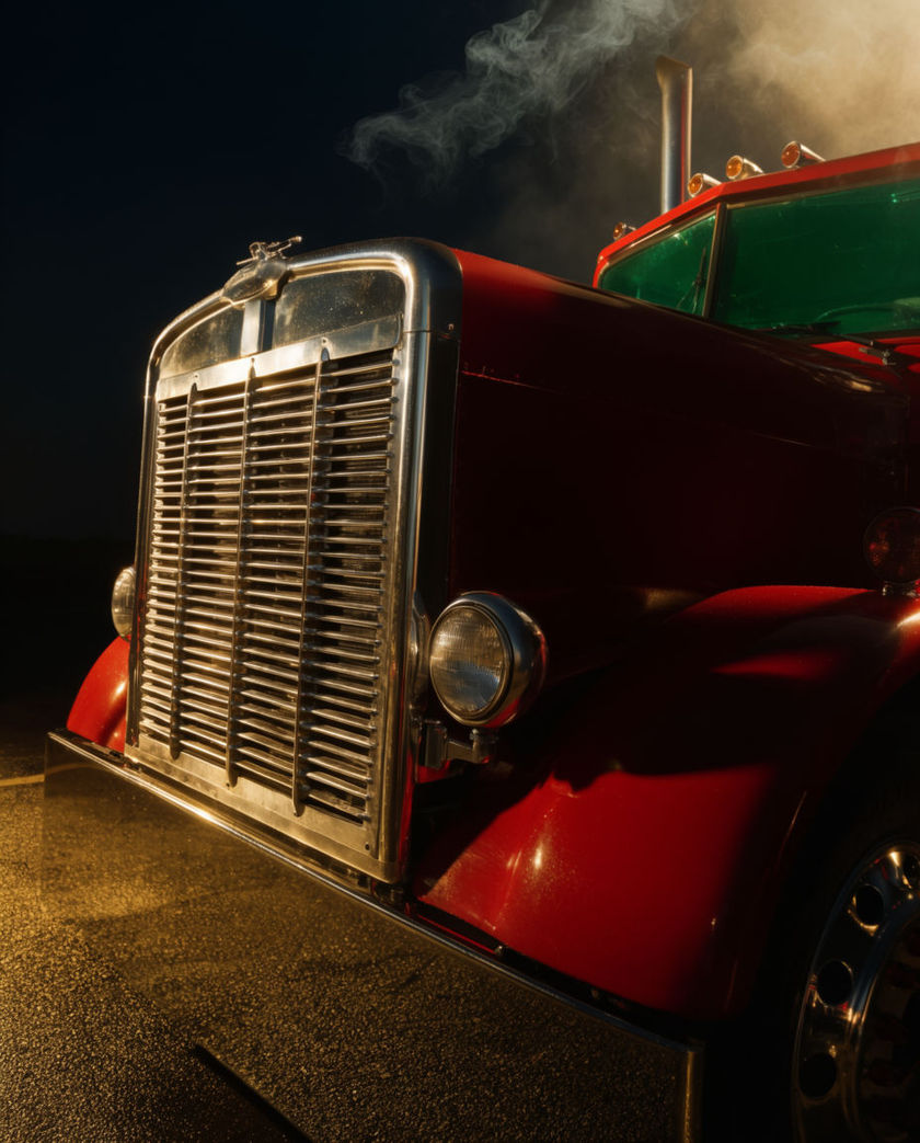 The chrome grille and vertical exhaust stack of a semi truck close from a low off-axis angle under one warm light on a dark ground, diesel haze rising from the stack as it idles