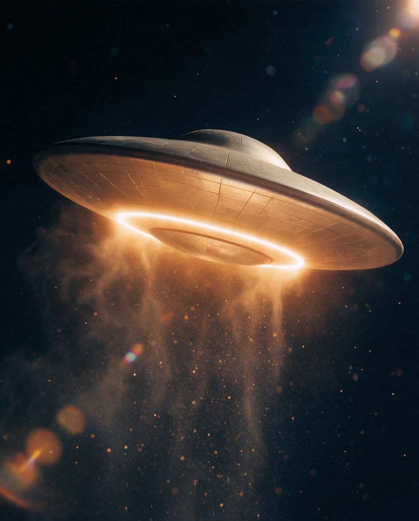 A saucer hull seen from below at a steep angle, one warm underglow raking its rim against a dark sky