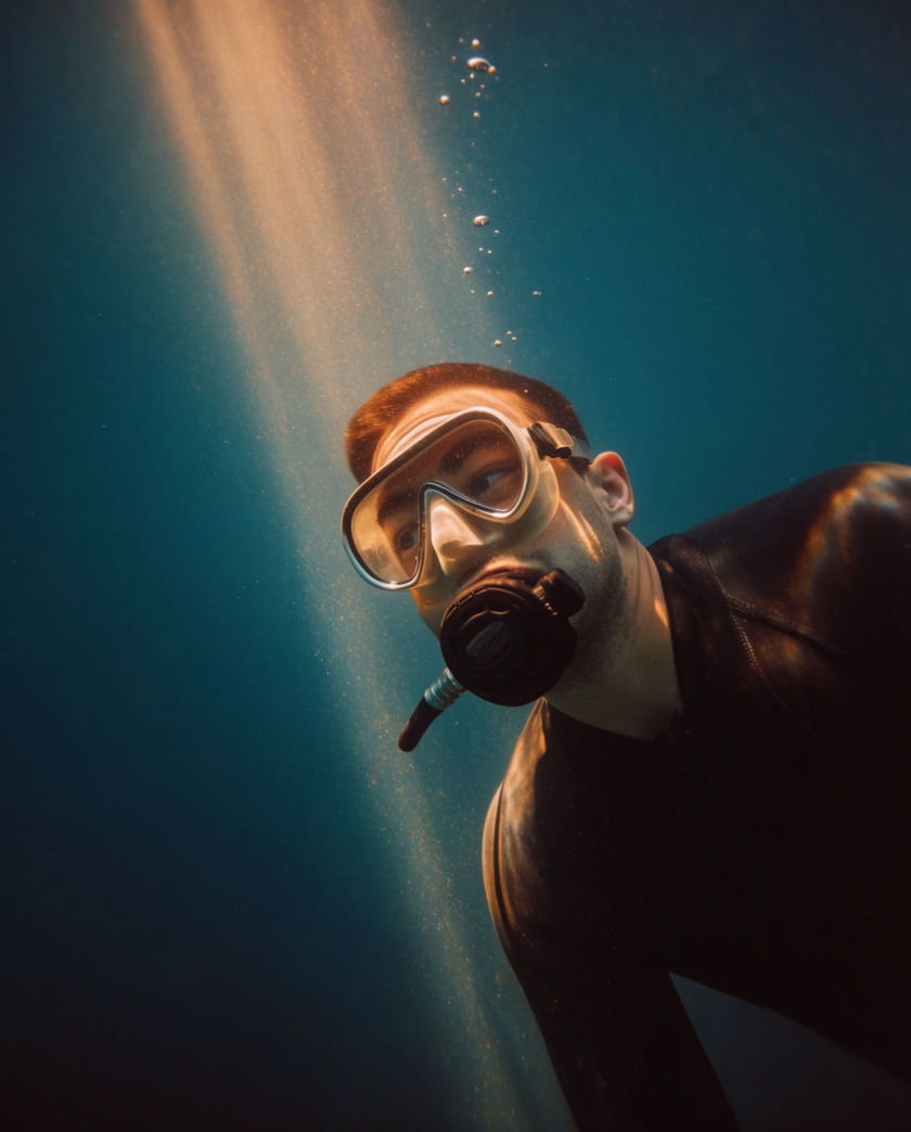 A single trail of bubbles rising through deep blue-dark water under warm low light from above, a swimmer silhouetted mid-stroke below the surface