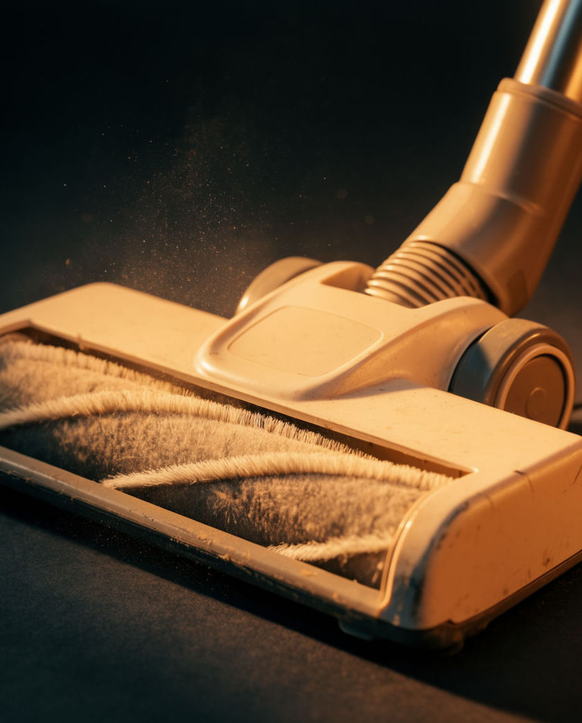 An upright vacuum cleaner head pushed across carpet caught mid-stroke under warm low side light against a dark ground