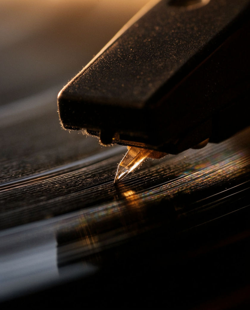 A record stylus resting in the groove in macro under warm low light against a dark ground, dust caught on the needle