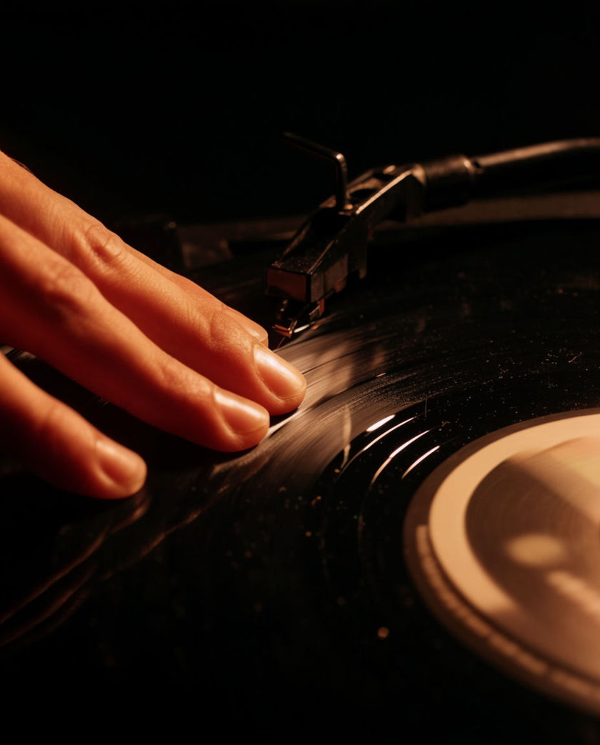 A hand pressing a spinning black vinyl record on a turntable under warm low light against a dark ground, fingers dragging the disc mid-scratch
