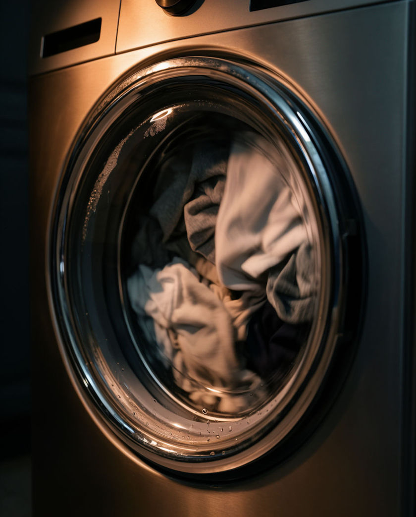 A front-loading washing machine drum spinning with clothes tumbling behind the glass door under warm low side light against a dark ground