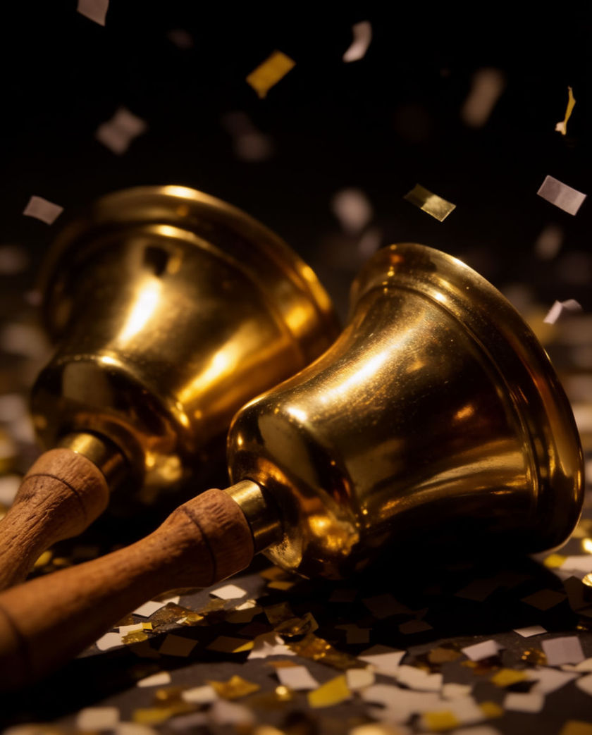 A pair of brass wedding bells with scattered confetti under one warm low light against a dark ground, caught mid-ring