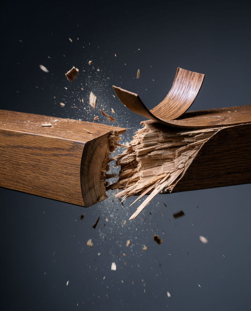 A thick wooden plank caught at the instant it snaps, jagged splinters flaring from the break, one warm low light raking across a dark ground