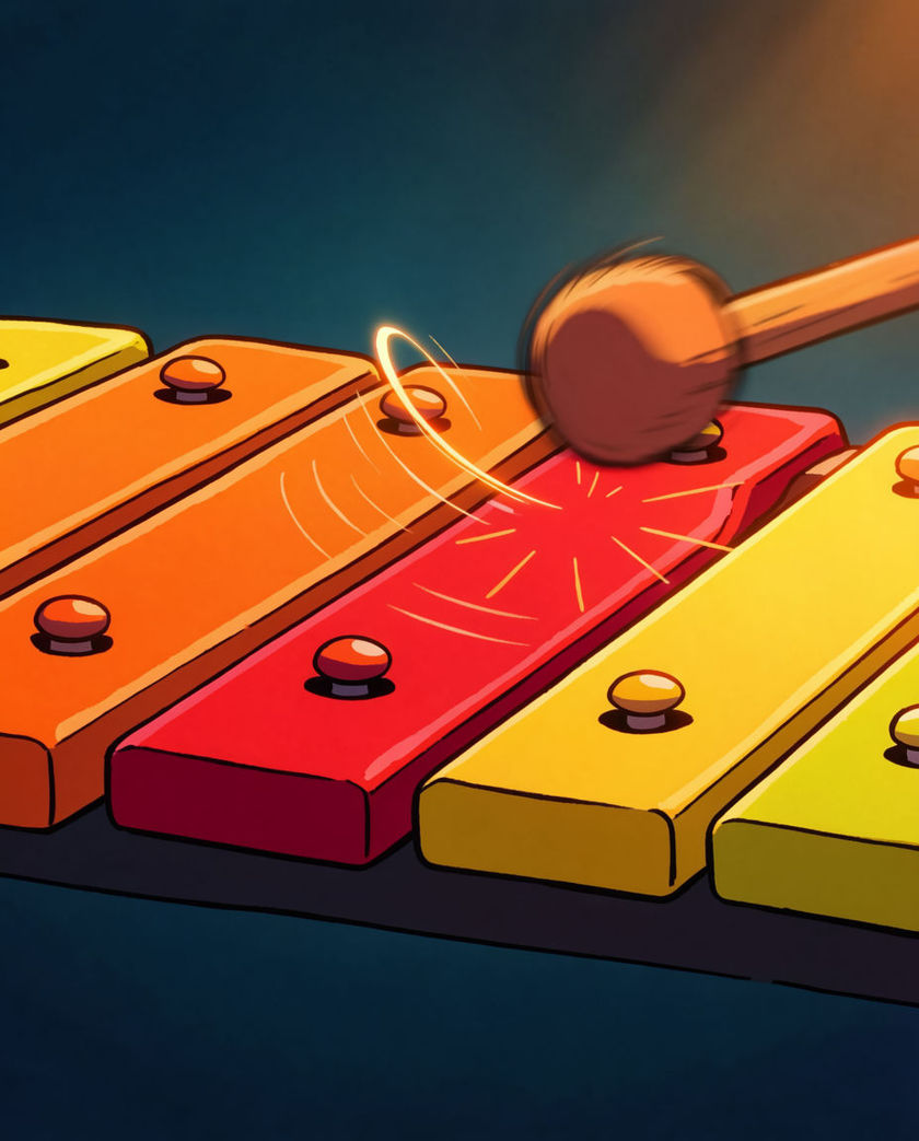 A row of wooden xylophone bars raking away under one warm side light against a dark ground, a mallet blurred mid-strike across them