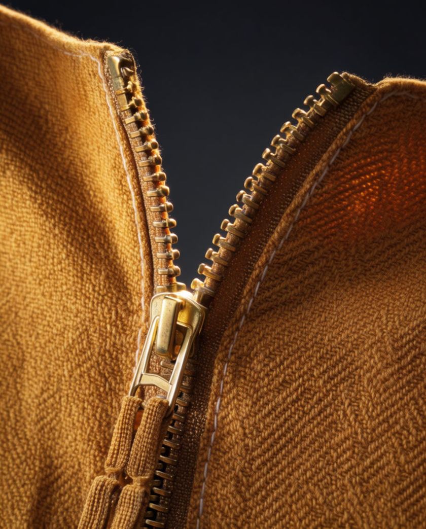 Fingers gripping a metal zipper pull on a jacket under warm low side light against a dark ground, slider caught mid-pull along the teeth