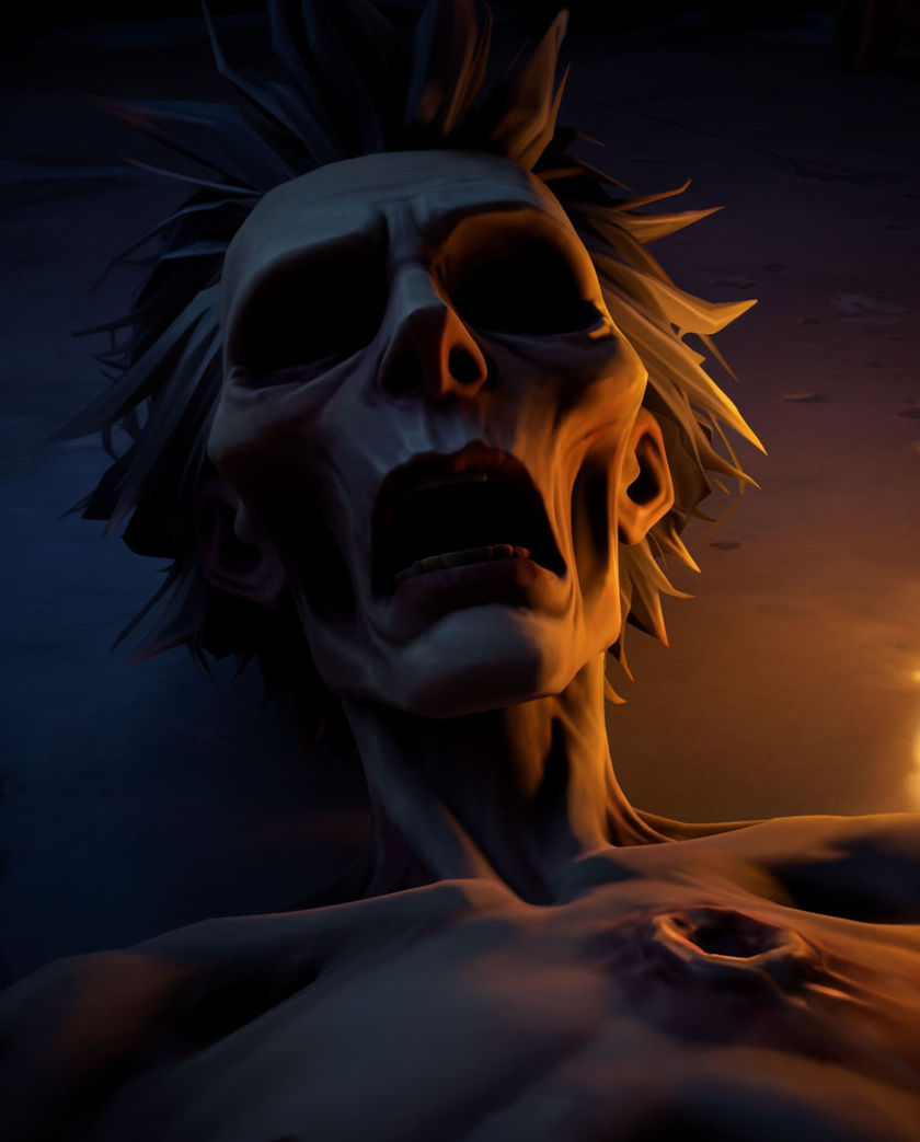 A gaunt undead figure lit from one side by warm low light against a cold dark ground, jaw hanging open mid-groan