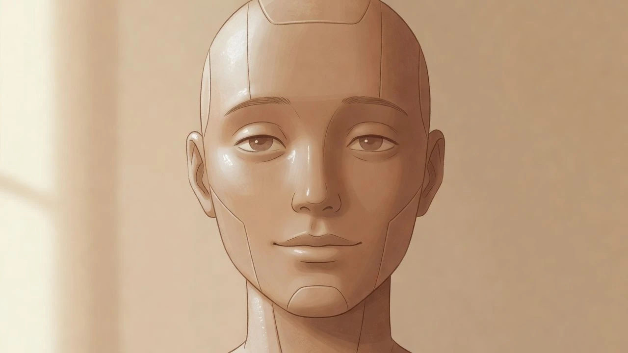 Human-like android with faint seams across a calm face