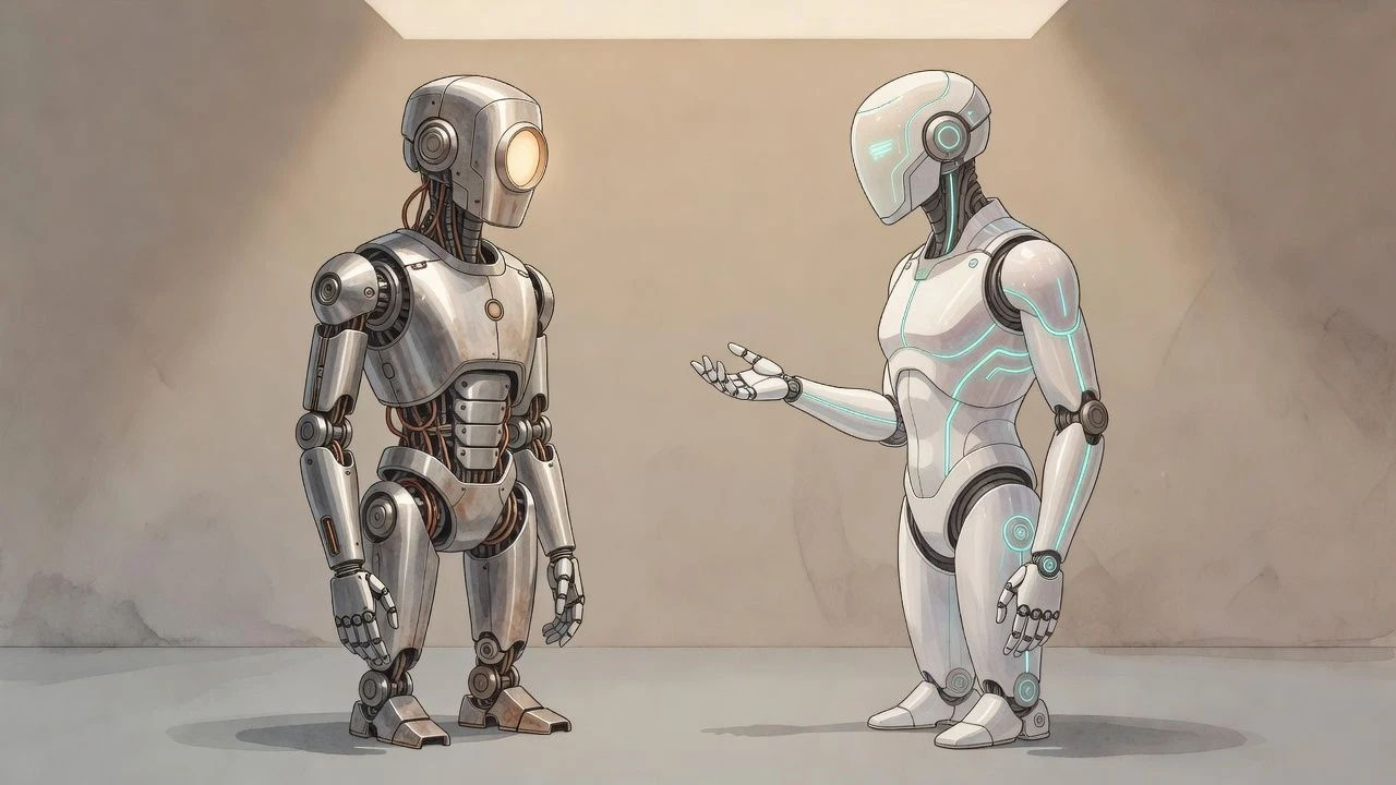 Two androids facing each other under soft studio light