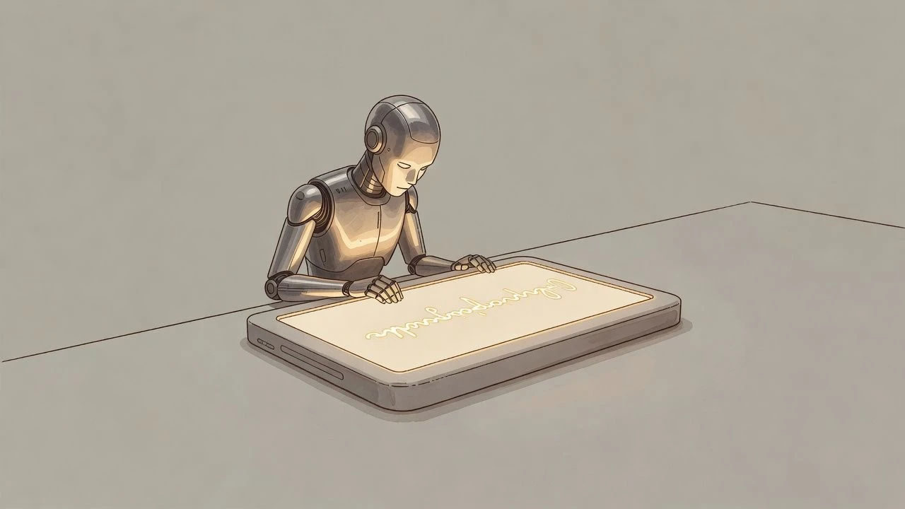 Android at a console reading a line from a glowing screen