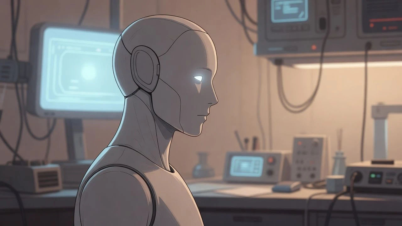 Android profile lit by pale blue light in a lab