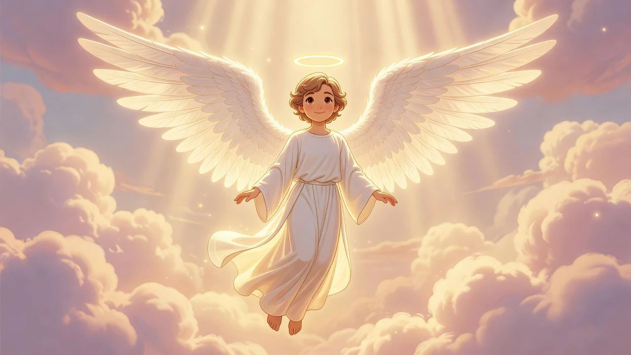Radiant cartoon angel with spread wings in soft golden light