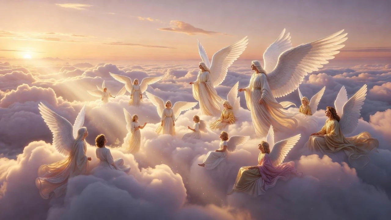 Group of winged figures gathered on clouds in warm light