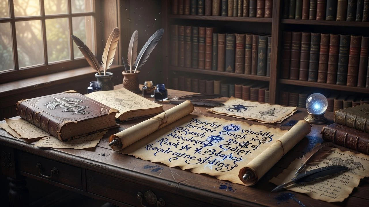 Quiet studio desk with a fantasy script bathed in soft light